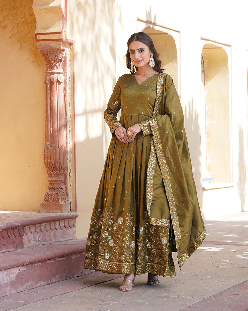 Designer Mehndi Color embroidered Viscose Cosmos Gown With Dupatta TANHAI Designer Mehndi Color embroidered Viscose Cosmos Gown With Dupatta TANHAI