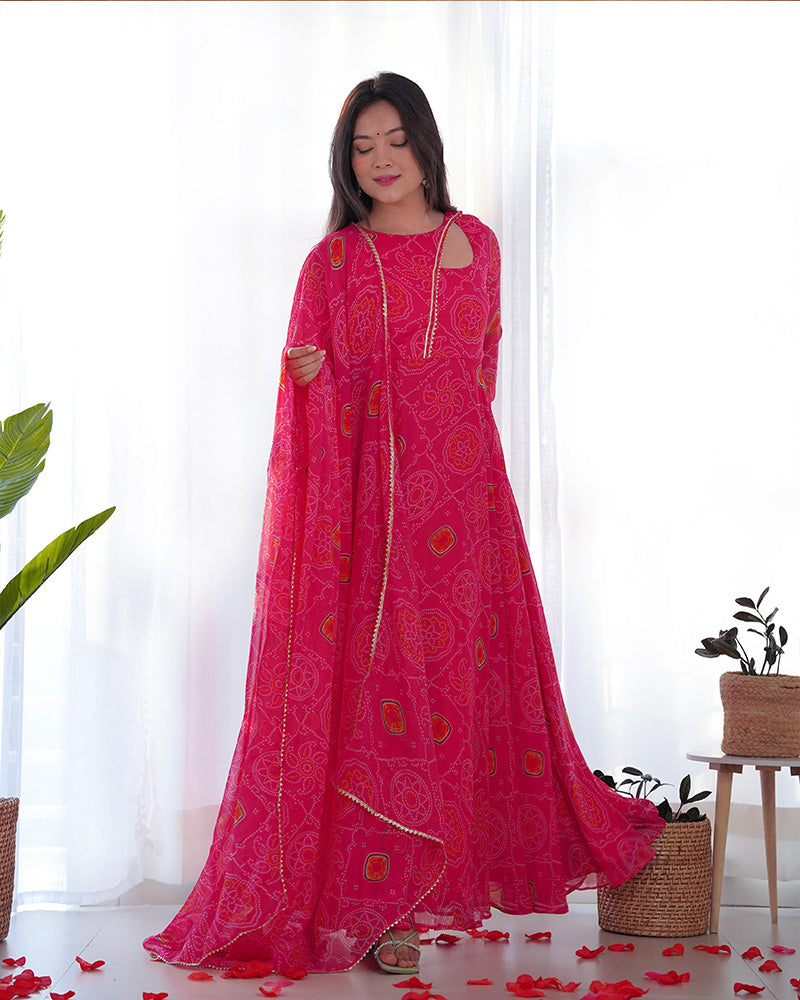 Pink Color Bandhej  Print Soft Chiffon Stylish Neck Three Piece Anarkali Gown