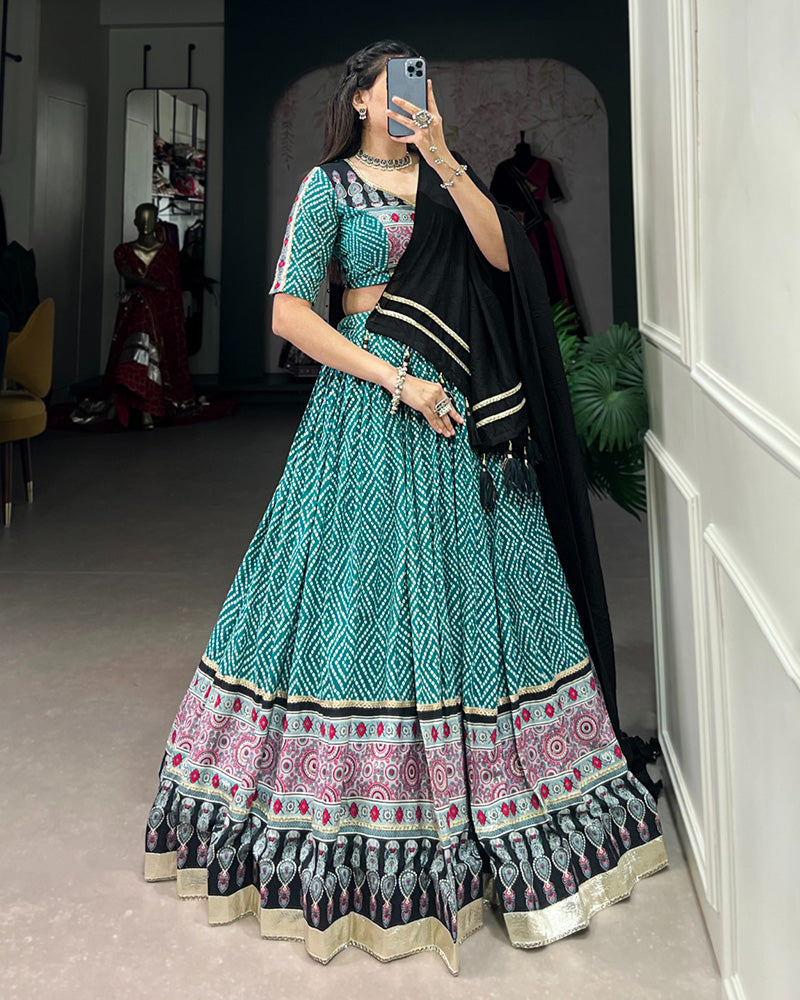 Bottle Green Color Rayon Bandhej Print Navratri Lehenga Choli