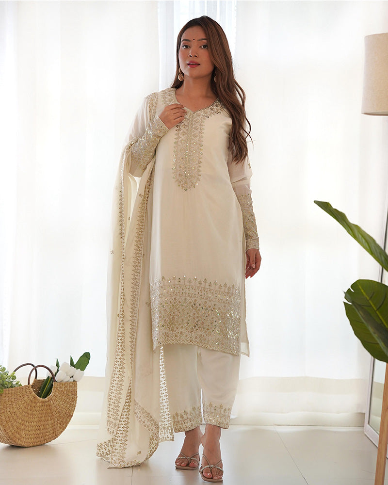 White Color Chinon Silk Three Piece Kurti Suit