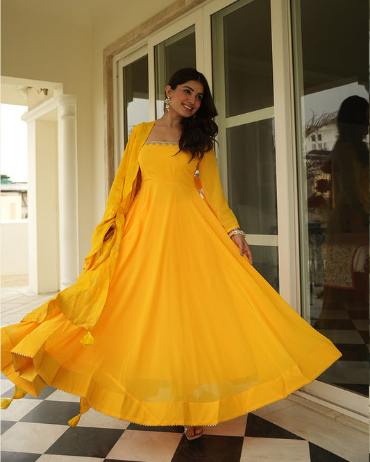 Yellow Color Georgette Three Piece Anarkali Suit