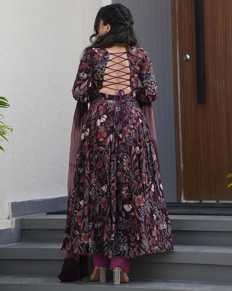 Wine Color Rayon Floral Print Three Piece Anarkali Suit