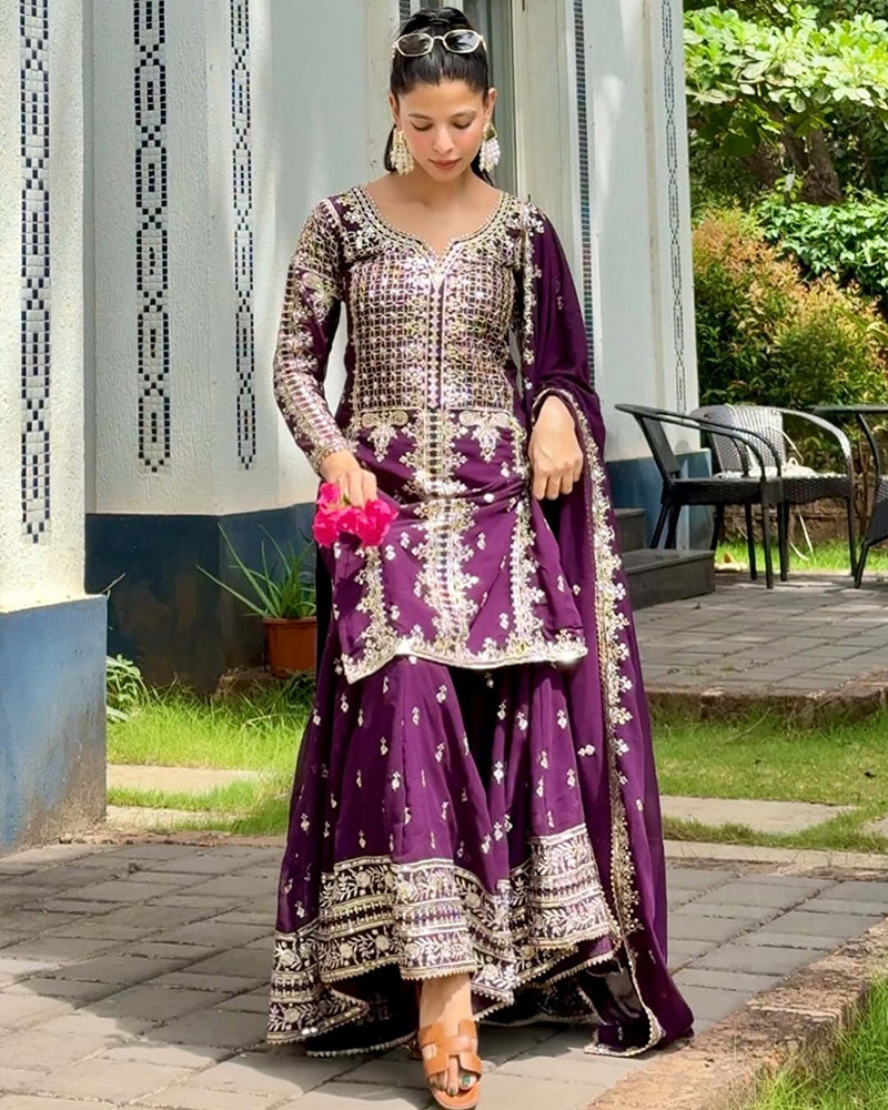 Wine Color Faux Georgette Embroidered Sharara Suit
