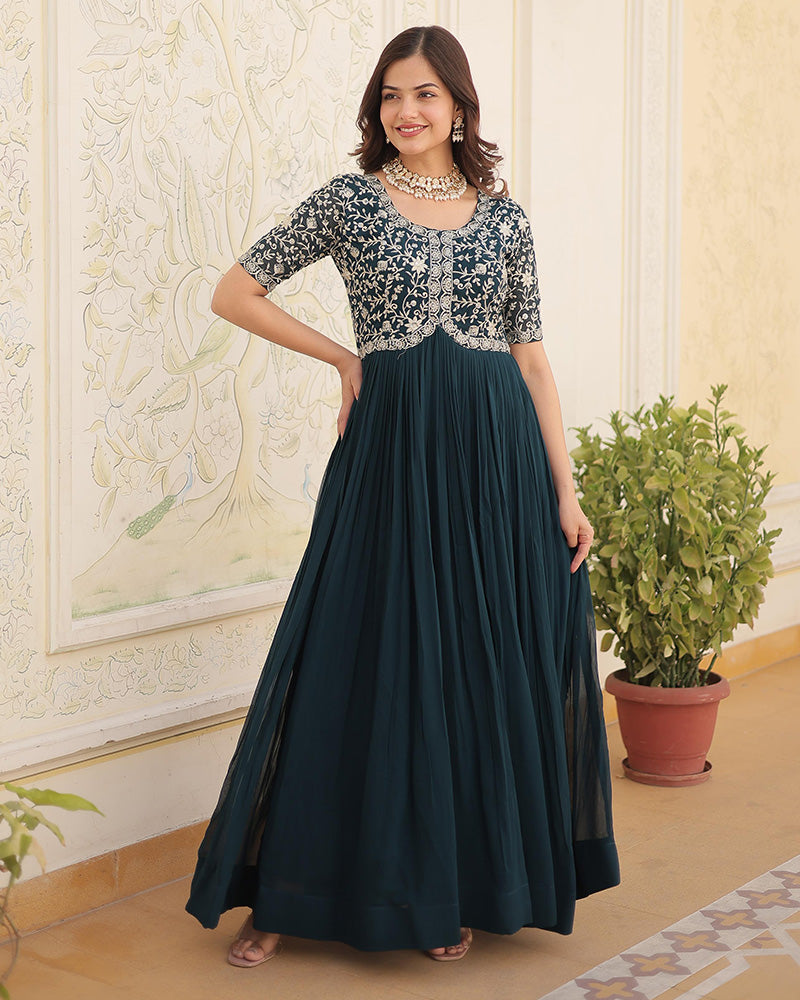 Rama Color Faux Blooming Zari sequence Embroidered Gown