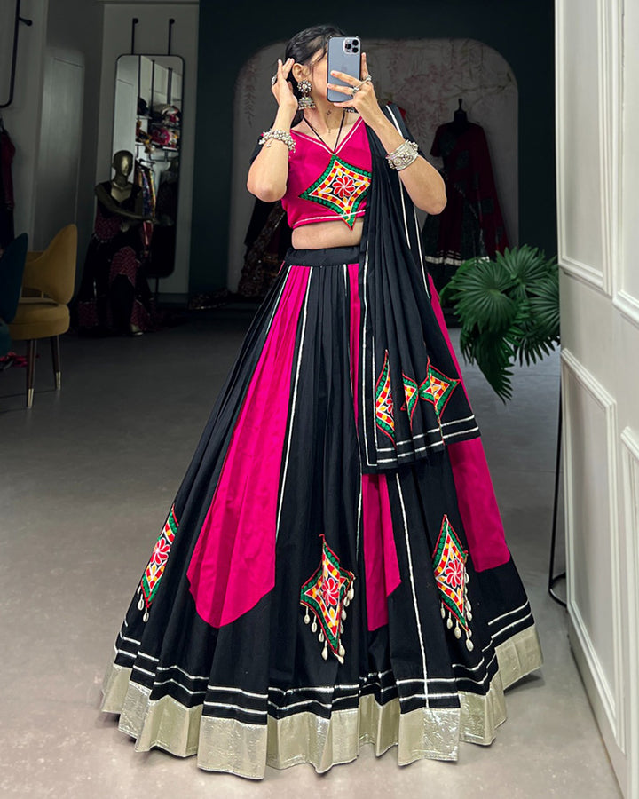 Pink And Black Color Cotton Navratri Lehenga Choli