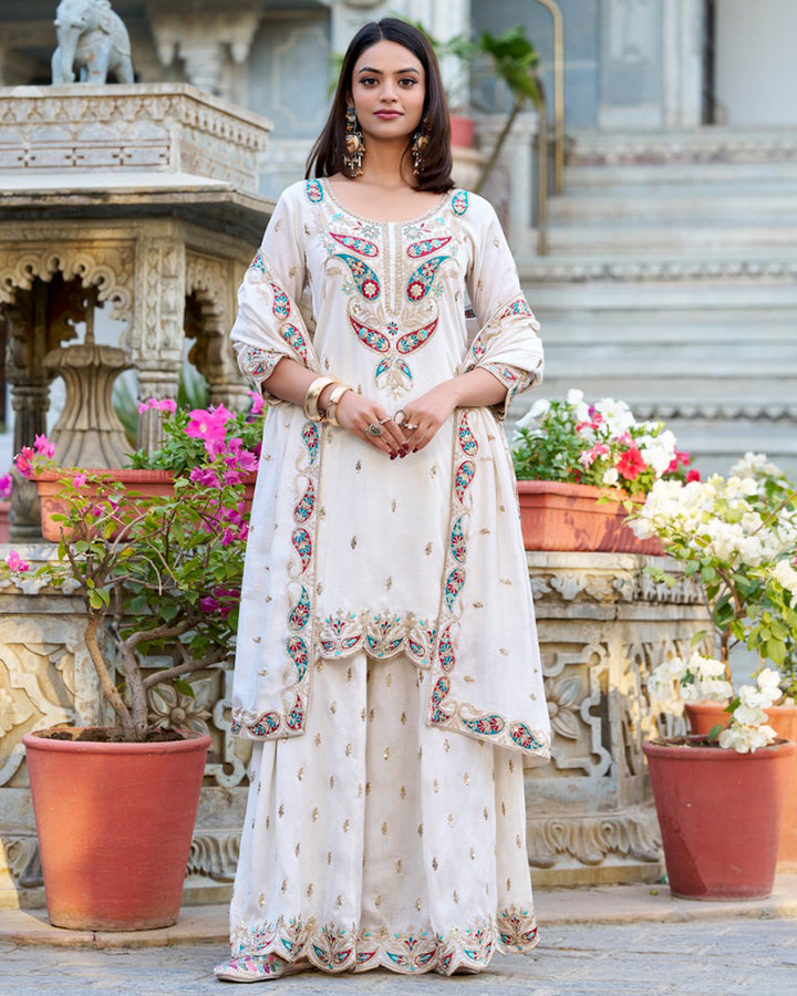 White Color Vichitra Silk Three Piece Kurti Suit