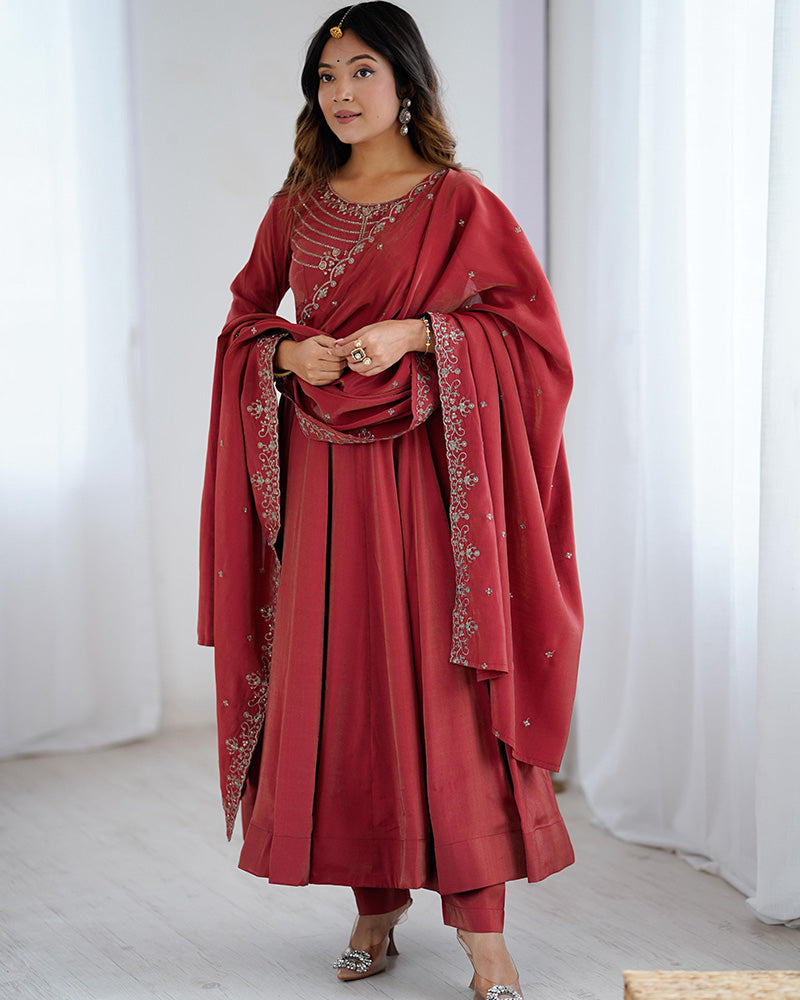 Maroon Color Roman Shimmer Chanderi Silk Three Piece Anarkali Suit