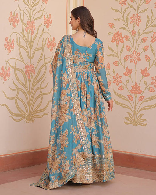 Sky Blue Color Russian Silk Embroidered Gown