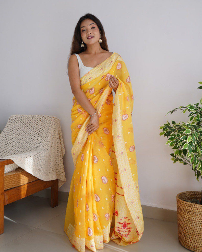 Beautiful Yellow Color Soft Cotton Saree
