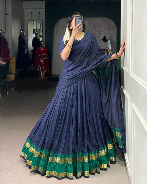 Elegant Navy Blue Chanderi Cotton half saree lehenga choli – TANHAI