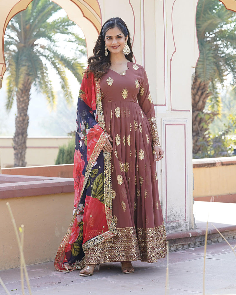 Faux Georgette Chocolate Color Anarkali Gown With Tebby Silk Dupatta