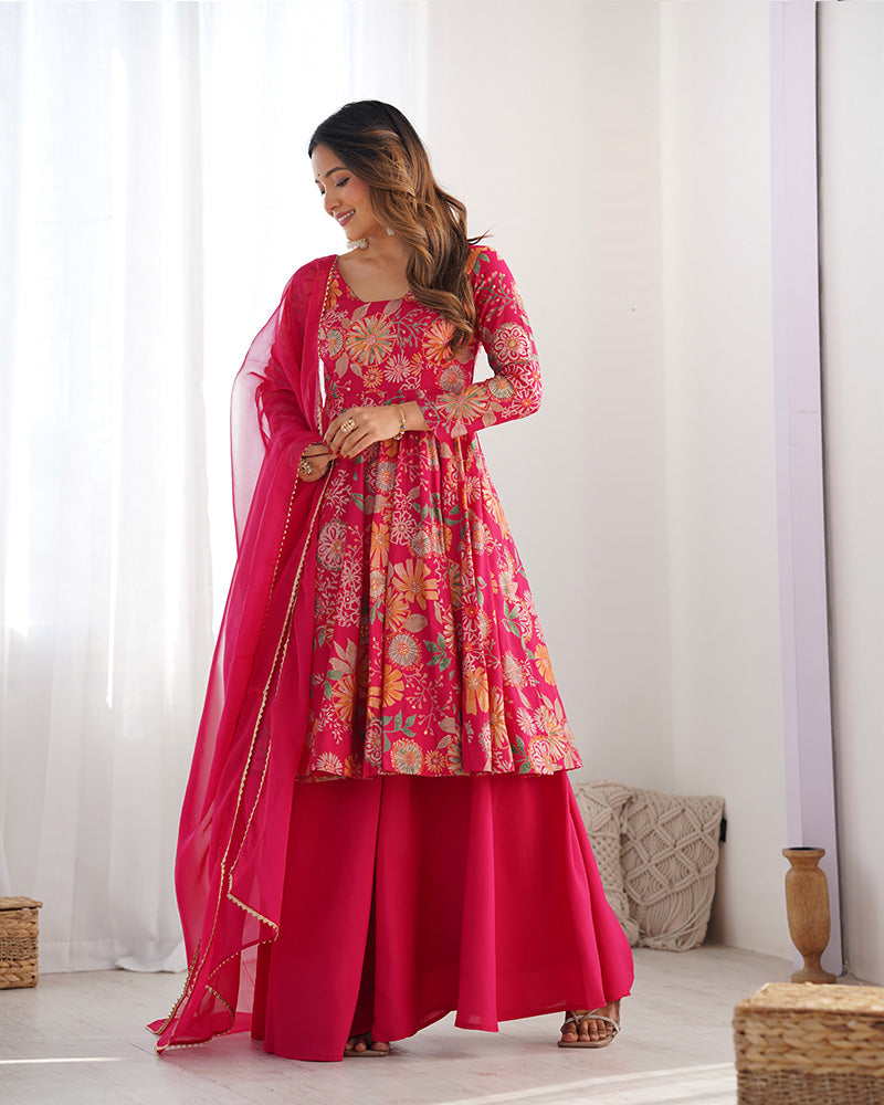 Rani Pink Color Roman Silk Discharge Printed Plazzo Suit