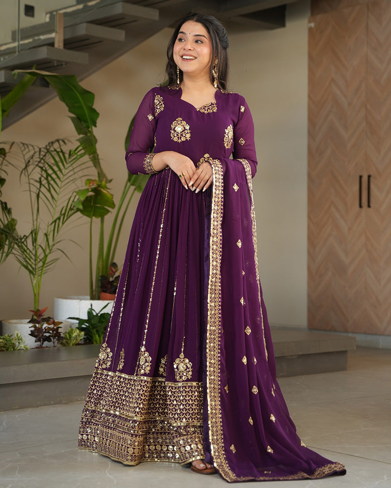 Royal Purple Color Designer Golden Embroidered Gown