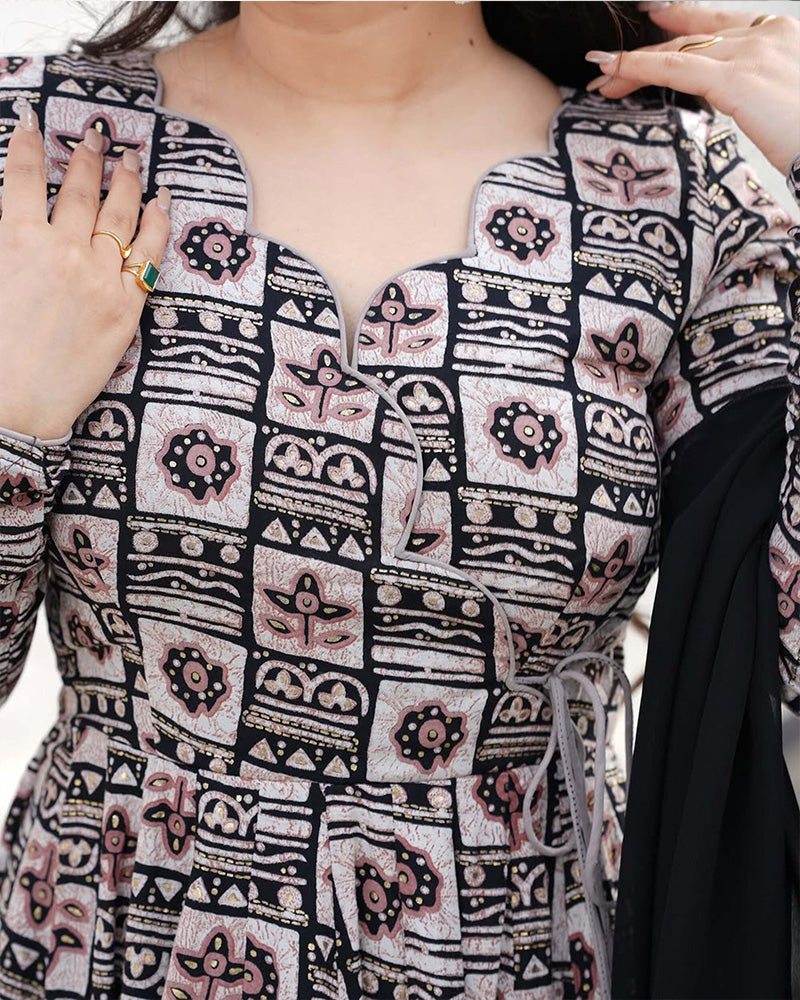 Black Color Rayon Printed Three Piece Anarkali Suit