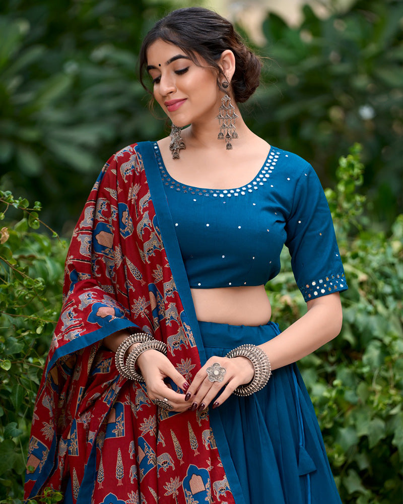 Firozi Color Cotton Plain Navratri Lehenga Choli