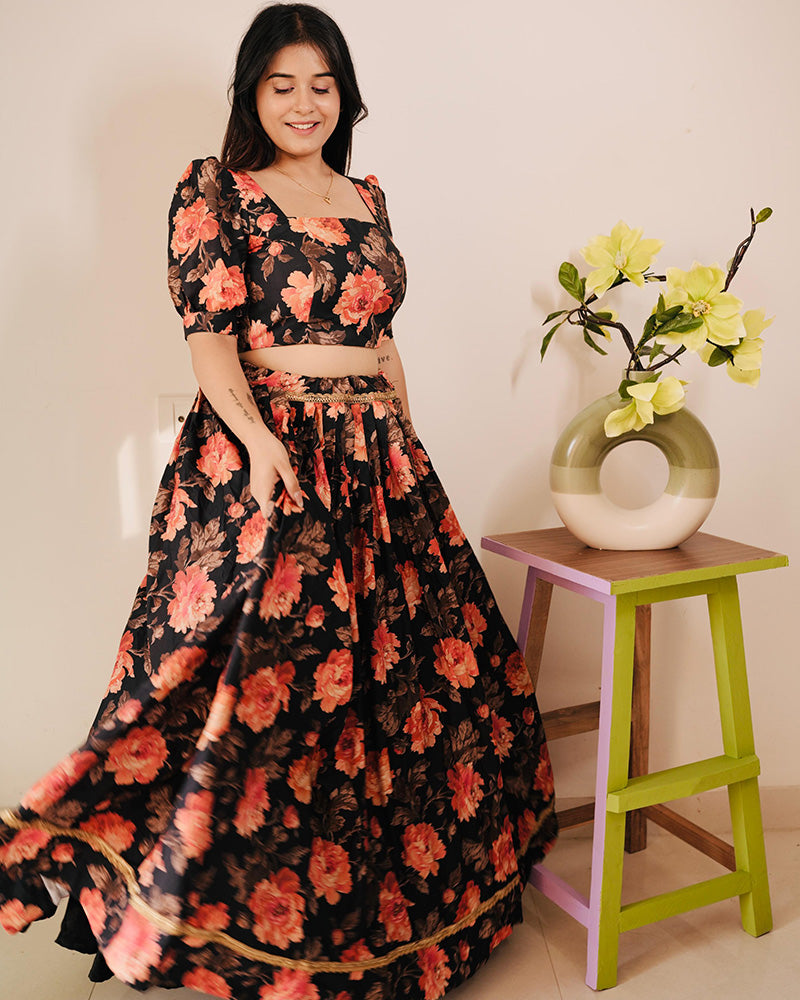 Orange And Black Color American Silk Lehenga Choli