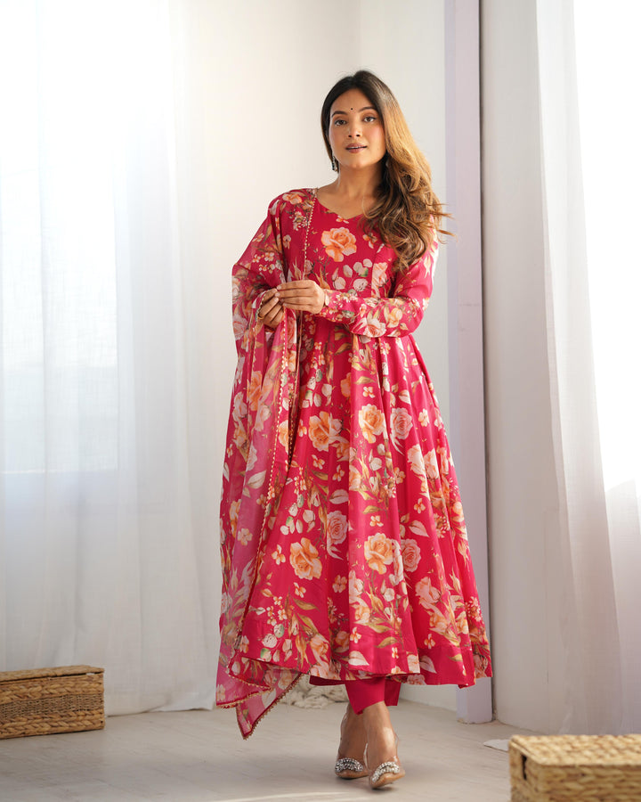 Rani Pink Color Pure Soft Organza Three Piece Anarkali Suit