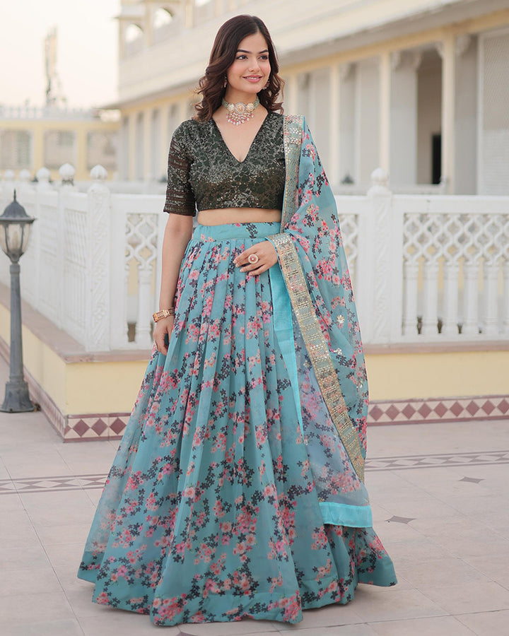 Sky Blue Color Russian Silk Digital Printed Lehenga Choli