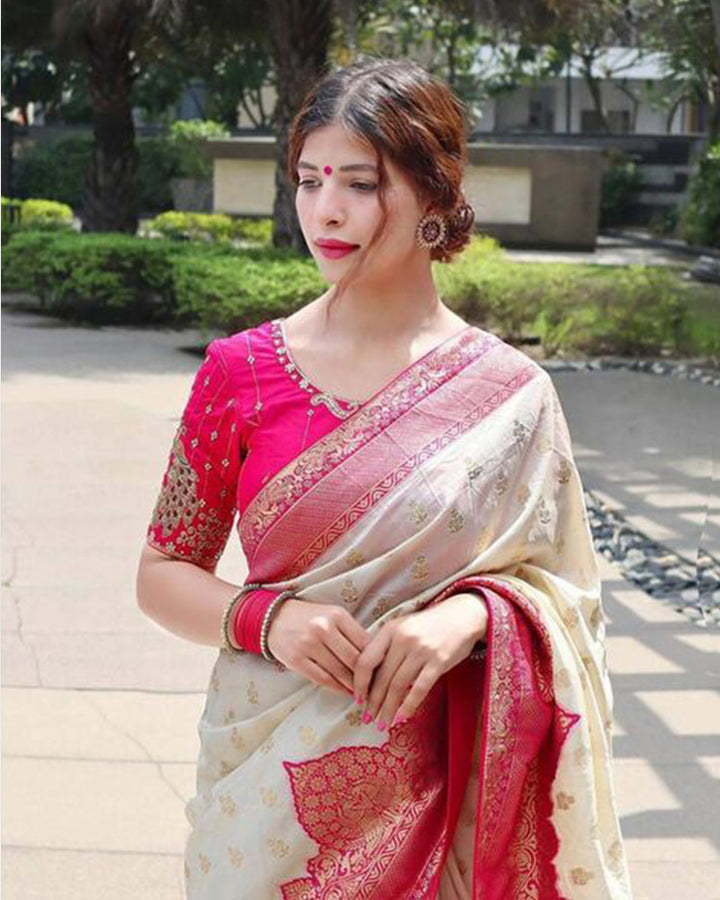 Pink And Cream Color Banarasi Jacquard Soft Silk Saree