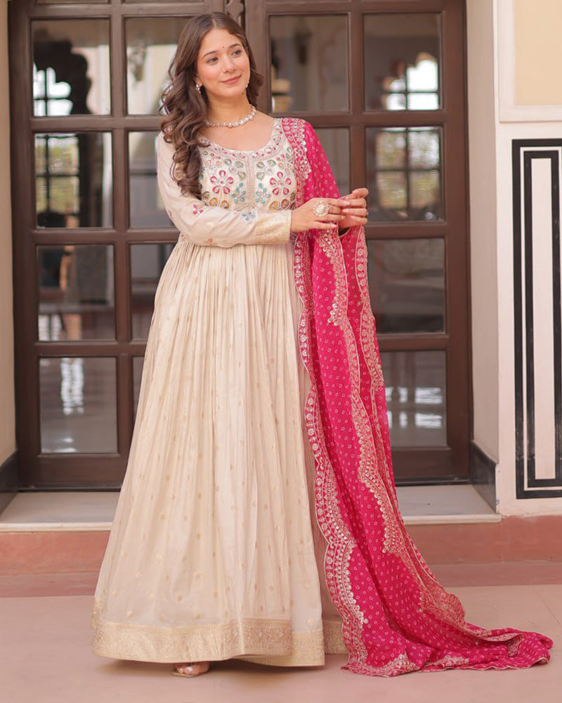 Off-White Color Jacquard Gown With Pink Dupatta