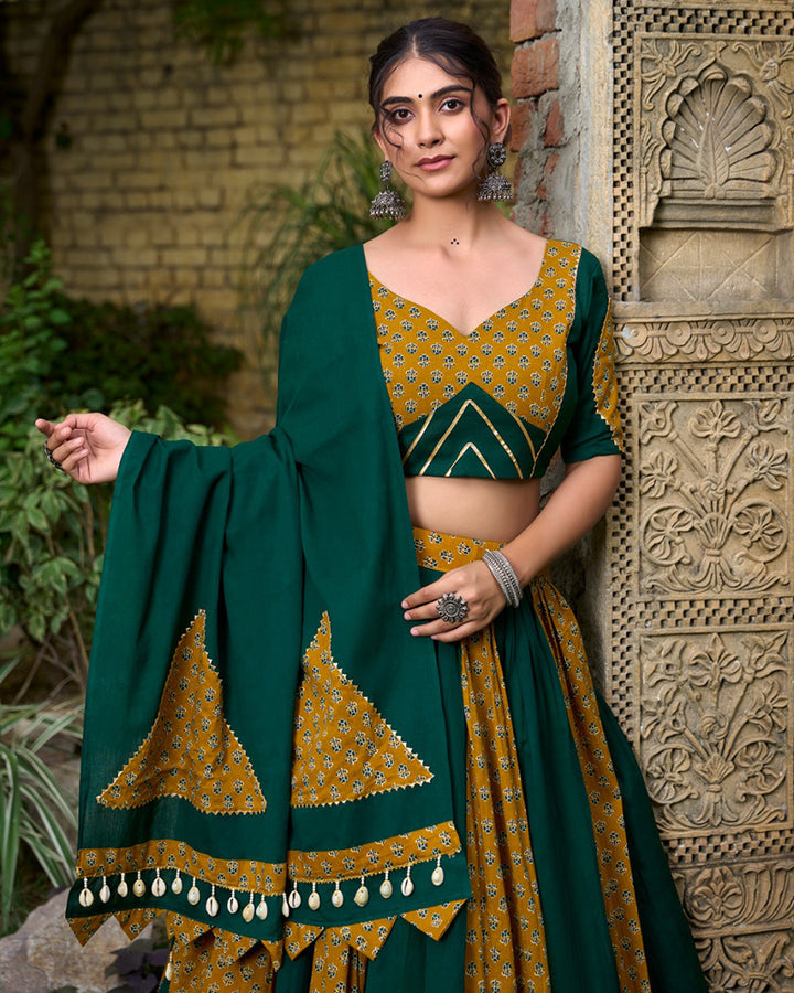 Mustard And Green Color Cotton Printed Navratri Lehenga Choli