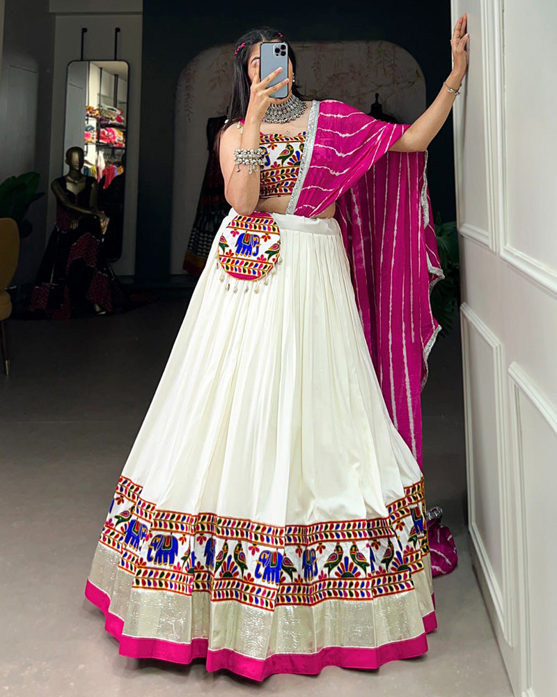 White Color Rayon Gamthi Work Navratri Lehenga Choli