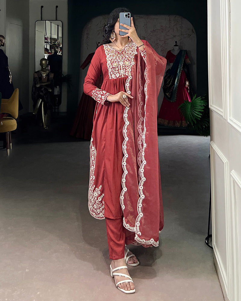 Rust Orange Color Maska Cotton Three Piece Kurti Suit