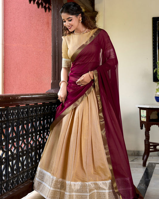 Cream Color Kanchipuram Designer Half Saree