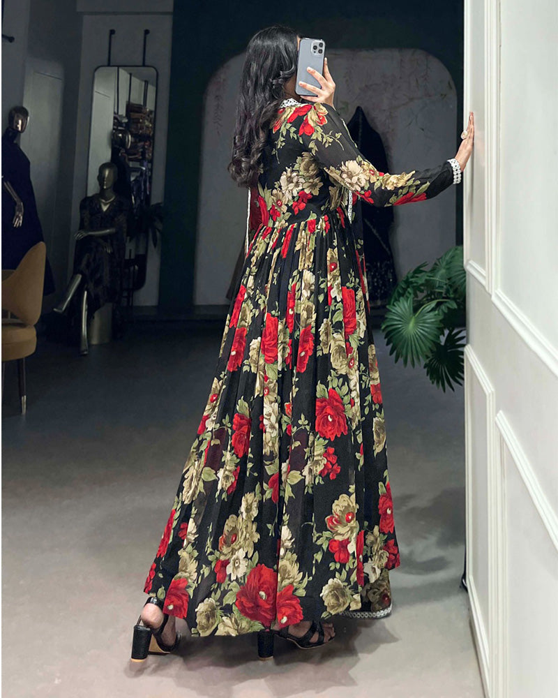 Black And Red Color Floral printed Georgette Gown