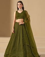 Mehndi Color Georgette Embroidered Lehenga Choli With Dupatta