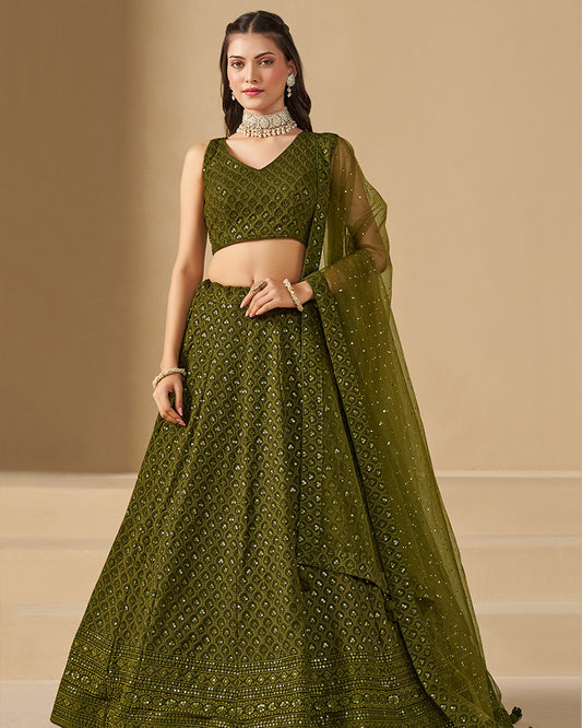 Mehndi Color Georgette Embroidered Lehenga Choli With Dupatta