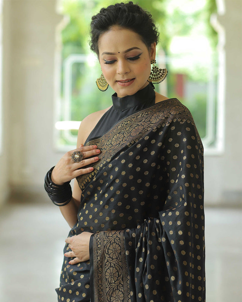 Black Color Banarasi Jacquard Soft Silk Saree