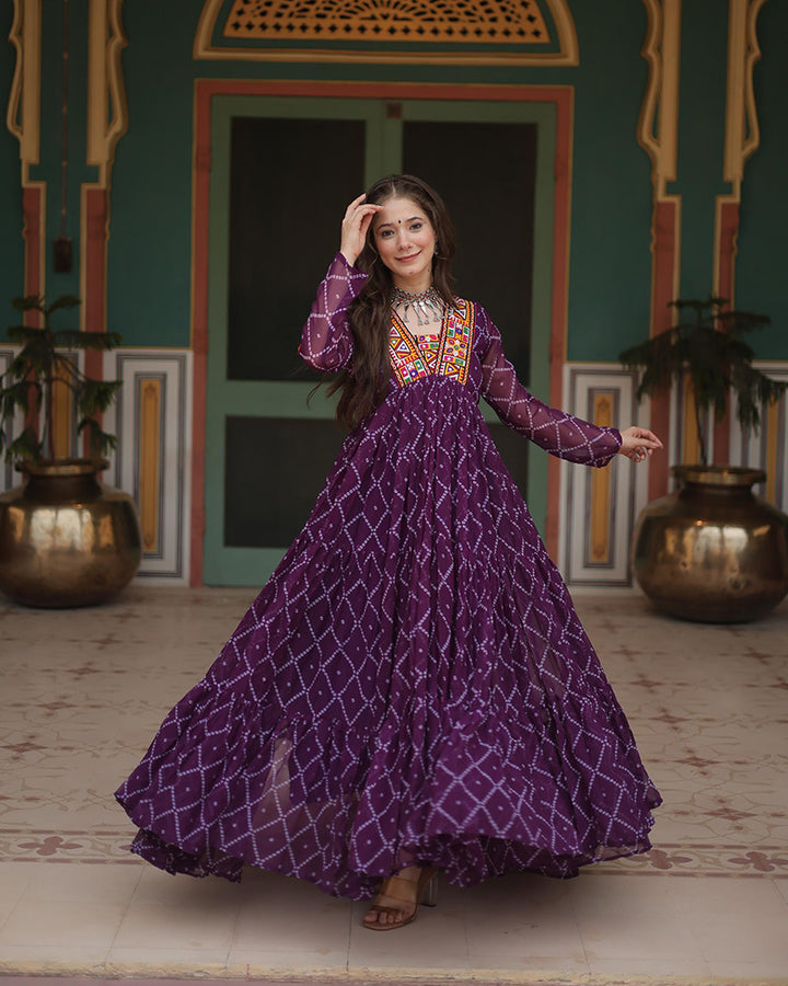 Dark Purple Color Georgette Bandhej Print Navratri Gown