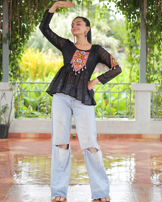 Black Color Georgette Schiffli Work Navratri Kediya