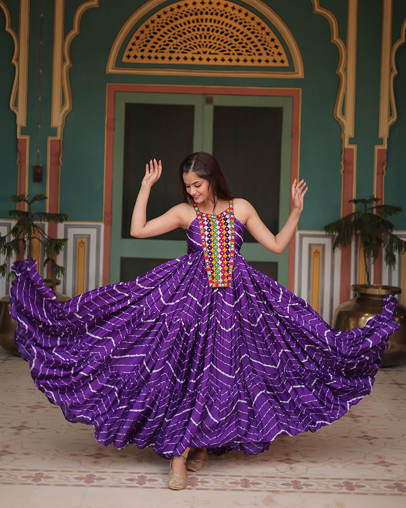 Purple Color Chinon Laheriya Print Navratri Gown