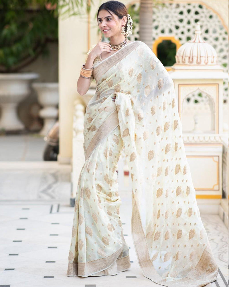 White Color Banarasi All over Jacquard Soft Silk Saree