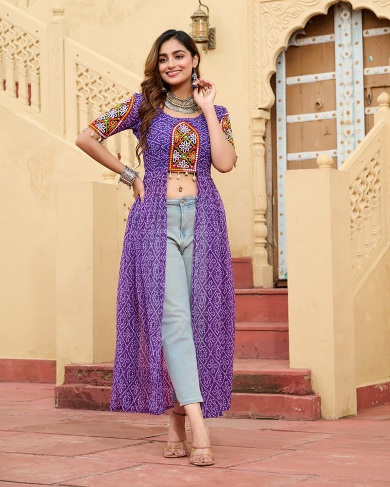 Purple Color Georgette Bandhani Print Navratri Kurti