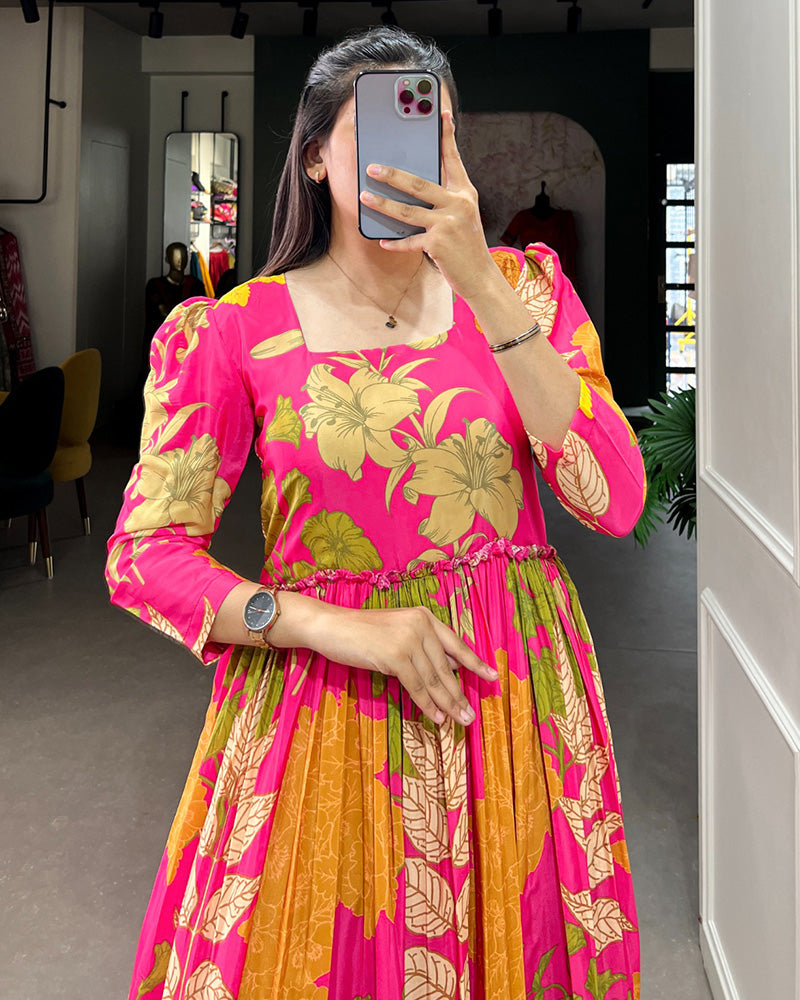 2 Color Crape Silk Floral Printed Gown