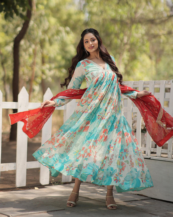Sky Blue Color Alia Cut Embroidered Gown With Dupatta