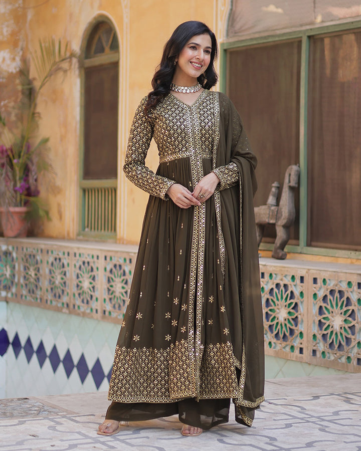 Designer Mehndi Color Three Piece Sharara Suit