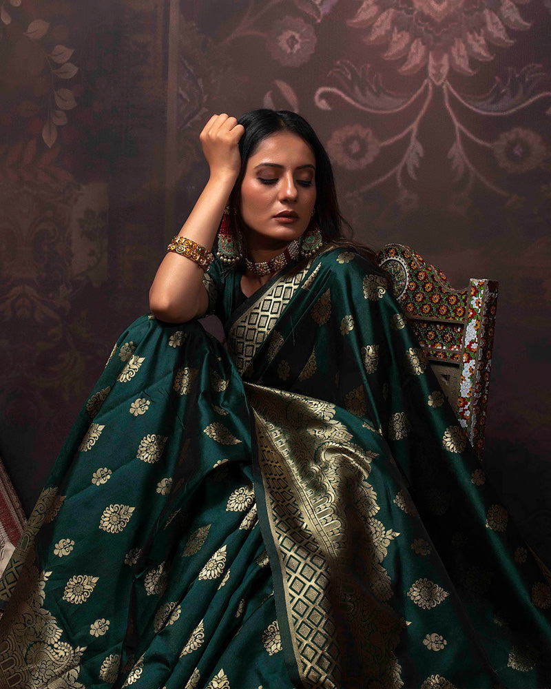 Dark Green Color Banarasi Jacquard Soft Silk Saree