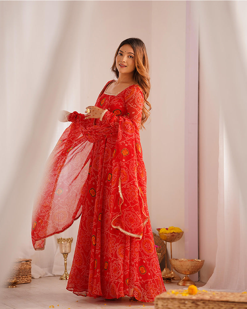 Red Color Bandhej Print Soft Chiffon Anarkali Gown