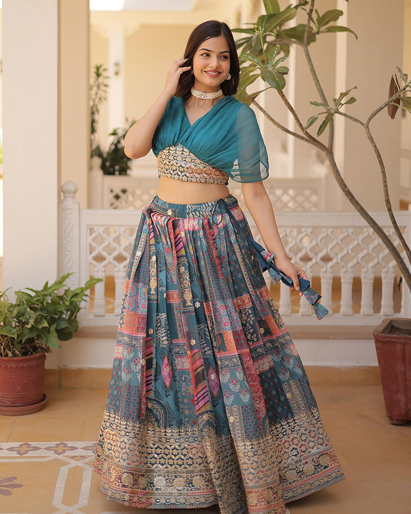Rama Color Designer Russian Silk Embroidery Crop Top Lehenga Choli