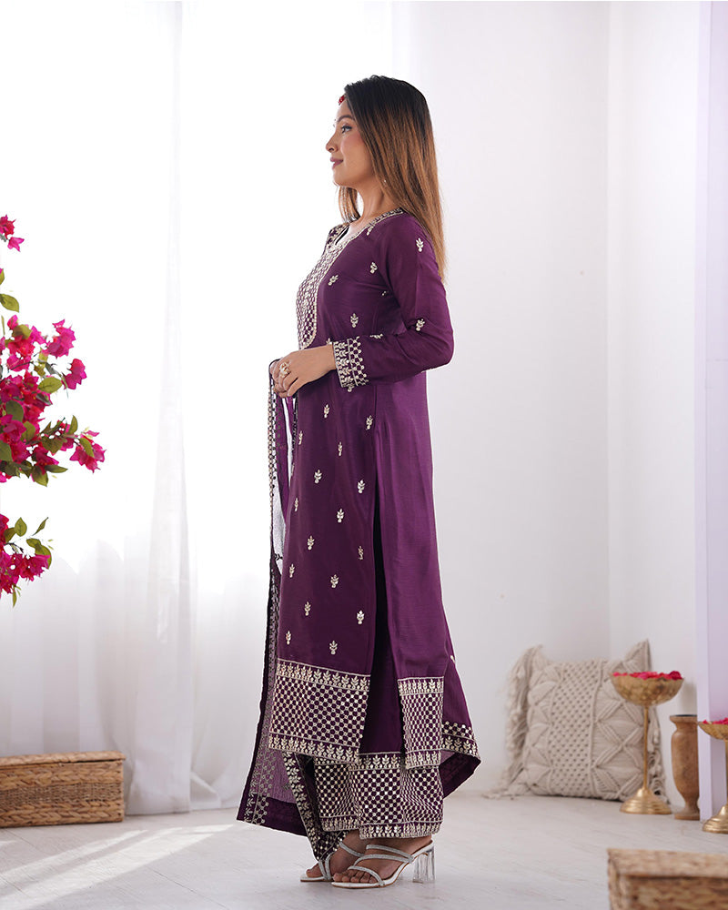 Wine Color Chinon Silk Three Piece Kurti Suit