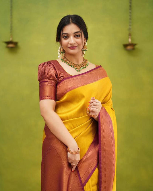 Mustard Yellow Soft Lichi Silk Saree