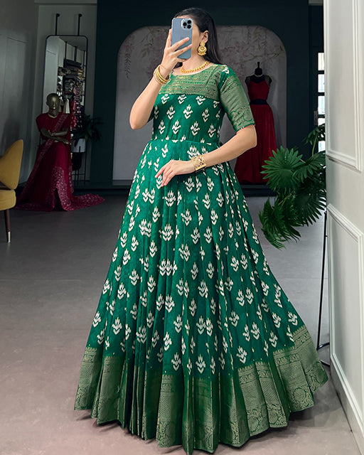 Green Color Kota  Chex Zari Weaving Work Gown