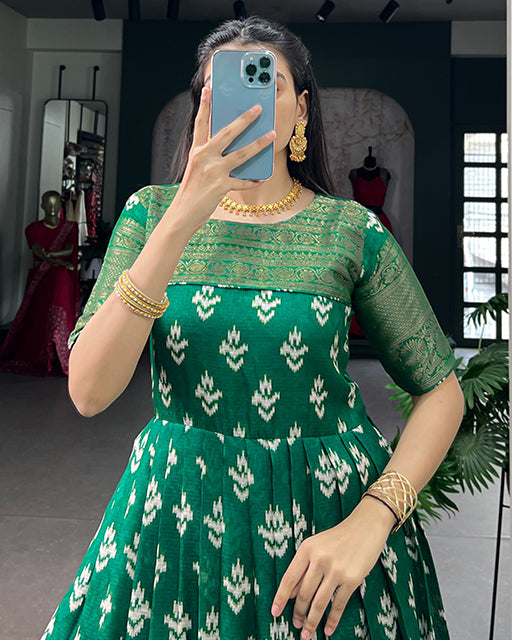 Green Color Kota  Chex Zari Weaving Work Gown