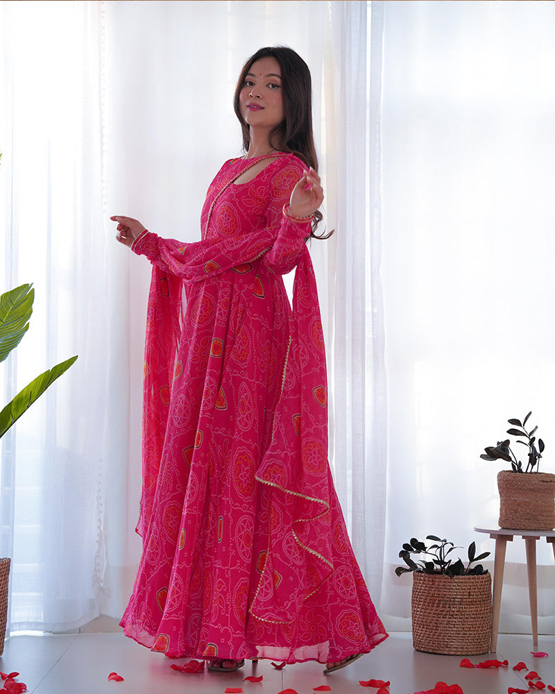Pink Color Bandhej  Print Soft Chiffon Stylish Neck Three Piece Anarkali Gown