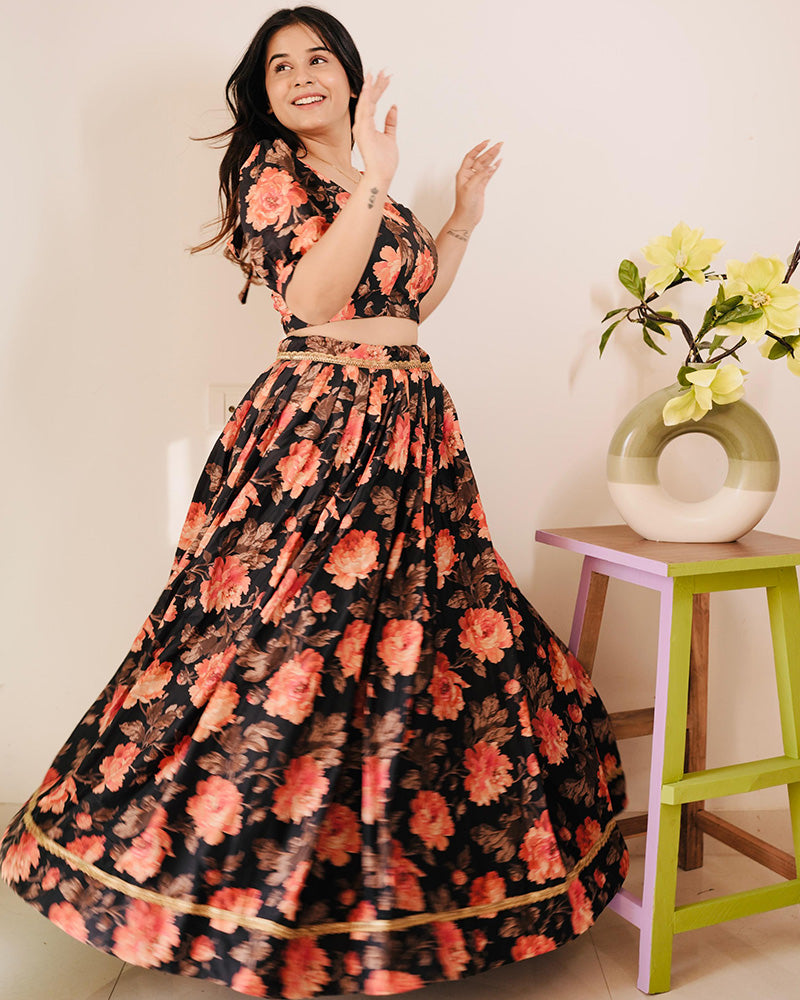 Orange And Black Color American Silk Lehenga Choli