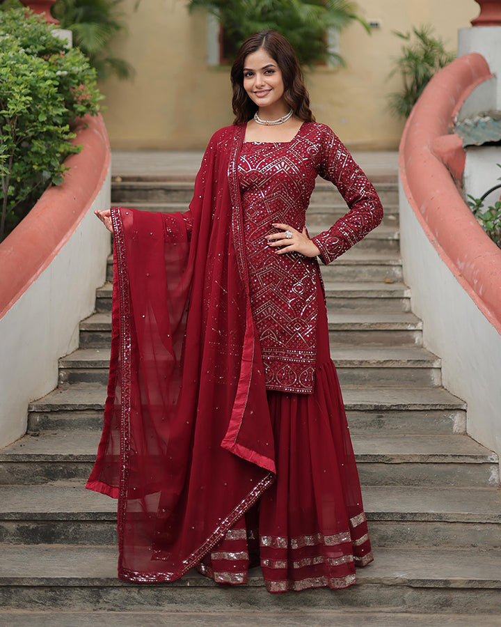 Maroon Color Faux Georgette Embroidered Sharara Suit